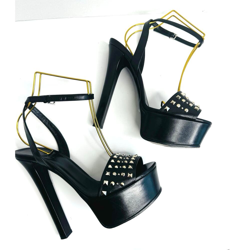 Gucci Black Studded Leila Platform Ankle Strap Heels Statement Pump size EU 38.5